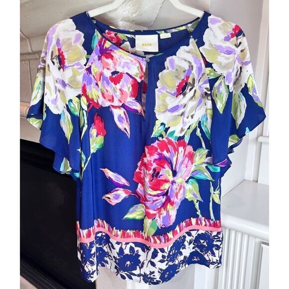 Anthropologie Maeve 100% Silk Navy Blue Floral Sheer Short Sleeve Blouse Sz 0 - Picture 2 of 8